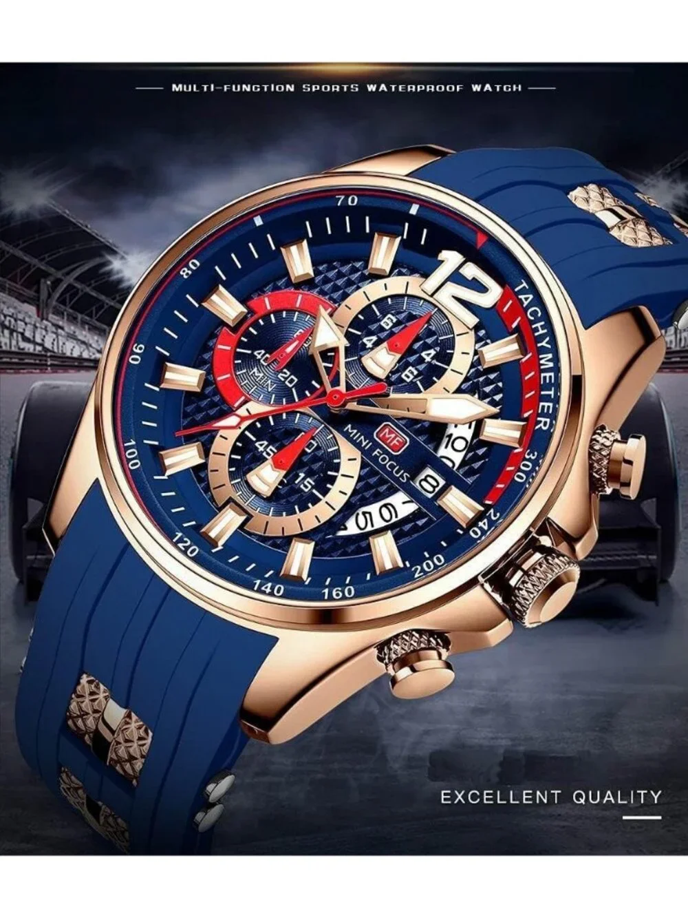 Men's Gold Blue Chronograph Waterproof Sport Military Analog Quartz Wrist Watch